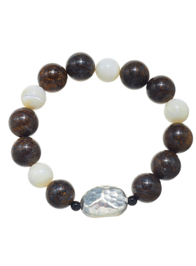 AHCHOO 静奢风深海白贝母圆球弹力手环S925银悦己趣味双色手饰女