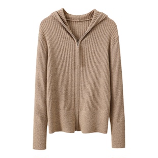 春竹秋冬新款100%山羊绒连帽合体坑条长袖拉链纯色女士羊绒开衫