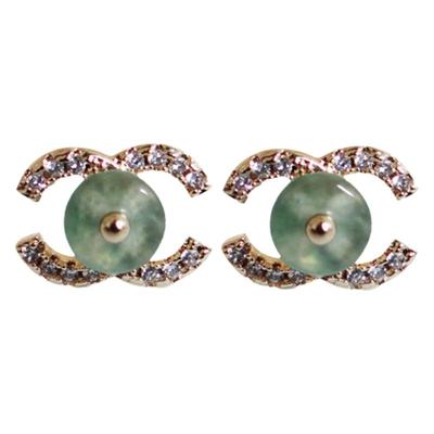 翡翠碧玉耳钉14K包金双C耳饰