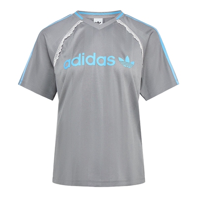 adidas阿迪达斯三叶草V领T恤女蕾丝点缀撞色条纹短袖上衣 LF2324