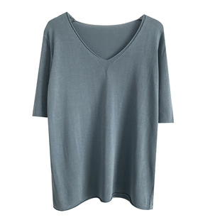 减龄敲显瘦夏季凉爽冰丝大V领宽松短袖T恤女韩版简约纯色针织上衣