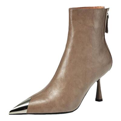 法式复古洋气短靴女单靴金属头尖头细高跟气质百搭显瘦时尚3340码