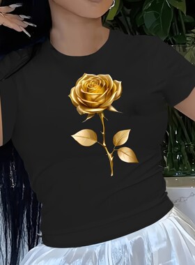 Z 95081 Elegant Rose Print T-Shirt 金玫瑰印花T恤 跨境欧美外