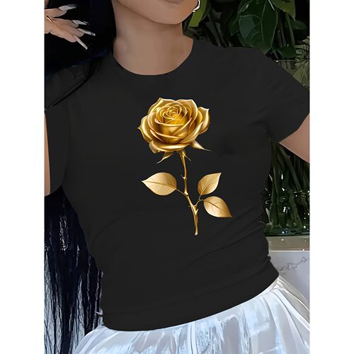 Z 95081 Elegant Rose Print T-Shirt 金玫瑰印花T恤 跨境欧美外