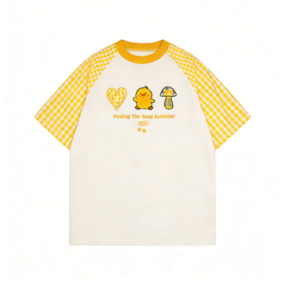 鹿山野 严选美式复古格子插肩袖刺绣T恤女夏季新款宽松学院风短袖