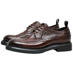 优100英伦风圆头布洛克雕花男士潮流休闲皮鞋大头增高厚底棕色