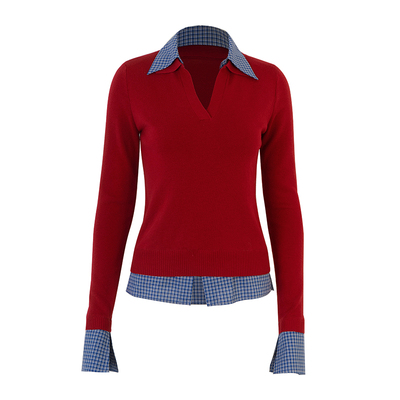 call it a day 红色/花灰色V领假两件撞色羊毛上衣女长袖针织衫秋