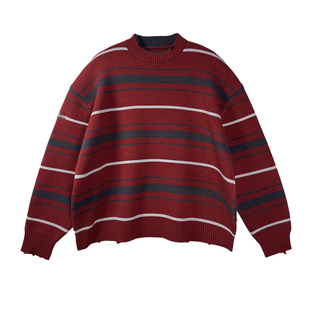 Aurocean 节日氛围感红色条纹毛衣 细节破损做旧抗起球重磅针织衫