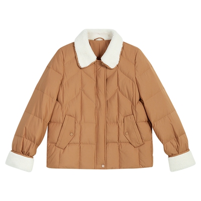 YINER音儿专选2025秋季新款法式绒感颗粒羊毛混纺翻领短款羽绒服