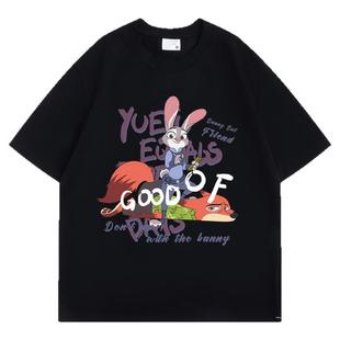 双轨虞书欣同款可爱小兔子和狐狸印花短袖t恤女宽松甜美活力上衣