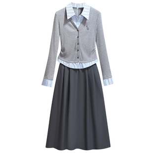 学院风假两件针织衬衫西装半身裙女套装2026春季新款正流行连衣裙