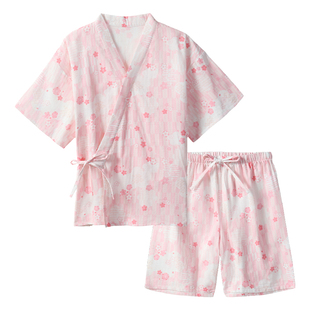 tutuanna春夏睡衣女全棉透气双层纱花满印短袖甚平睡裙家居服套装