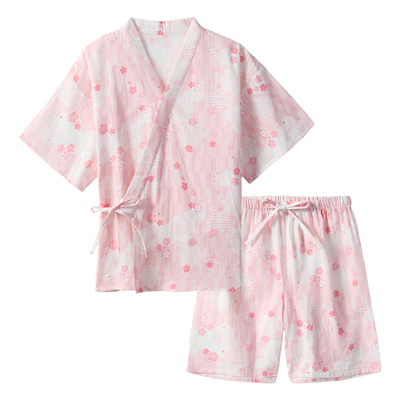 tutuanna春夏睡衣女全棉透气双层纱花满印短袖甚平睡裙家居服套装