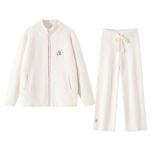 史努比半边绒睡衣女冬季珊瑚绒拉链轻运动加绒情侣秋冬厚男家居服