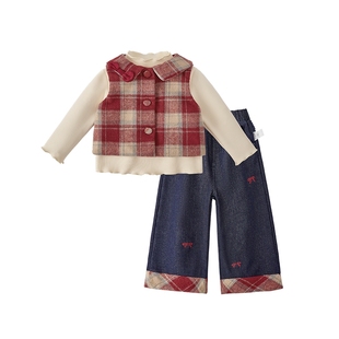 [抑菌锁温]儿童新年套装宝宝秋冬小香风大童加绒冬装红女童三件套