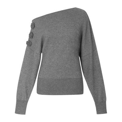 MioraStudio法式复古手工钉花烟灰色斜肩长袖上衣 不规则针织衫