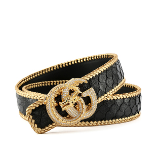 真蟒蛇皮带男士手工编织平滑扣史蒂芬裤腰带不锈钢双Gg龙新款网红