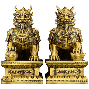 黄铜麒麟摆件一对公母招镇客厅玄关家宅大门口财大号财富铜麒麟