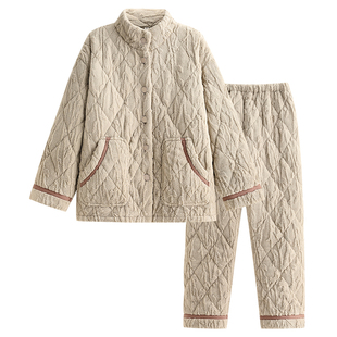 睡衣女秋冬款2025新款三层加厚加绒珊瑚绒夹棉家居服冬天保暖棉服