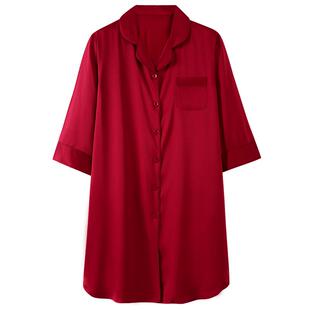 睡裙女夏季冰丝七分袖薄款夏天睡衣裙红色本命年仿真丝绸夏款中裙