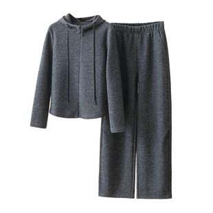 蛮文 轻奢显瘦上档次 秋冬醋酸羊毛加绒带弹针织料 连帽上衣+女裤