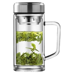 商务大容量玻璃杯家用耐高温水杯茶水分离杯子泡茶杯男士双层便携