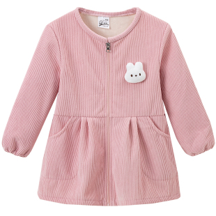 女宝宝秋冬季长袖灯芯绒罩衣儿童可爱加绒护衣保护羽绒服防脏罩衫