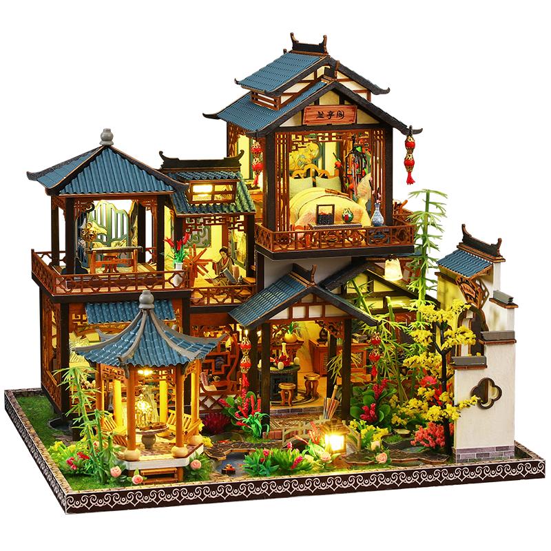 diy手工小屋古風(fēng)雅韻蘭亭別墅積木微縮場景模型生日禮物送男女友