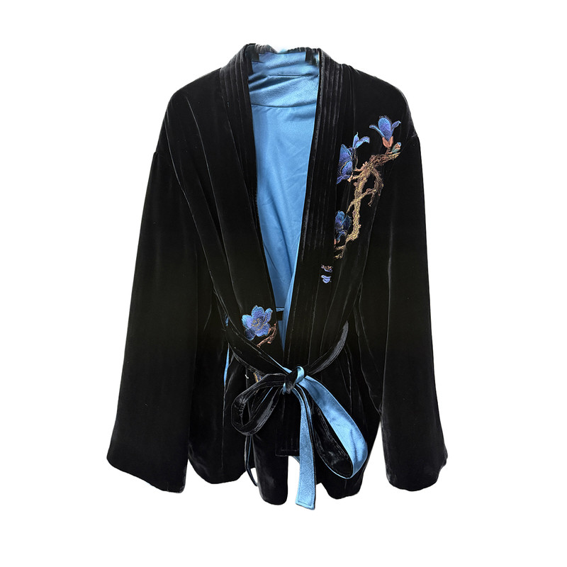 新中式宽松刺绣真丝丝绒棉服外套
