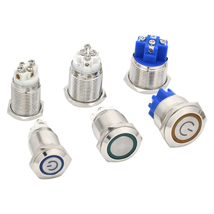自锁复位16 19 22mm金属按钮开关防溅水圆形平头四螺丝脚带LED灯