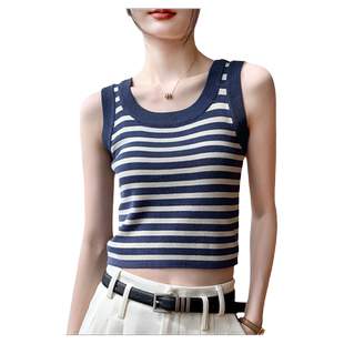 吊带背心女2026春季新款蓝色条纹遮副乳内搭无袖U领短款针织上衣
