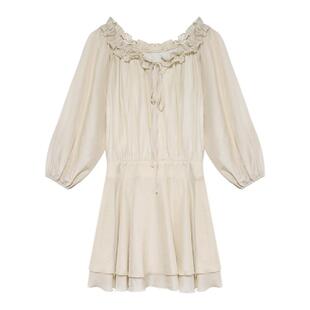 贰羊设计【星回】度假温柔一字肩收腰两穿天丝连衣裙女A字衬衫裙