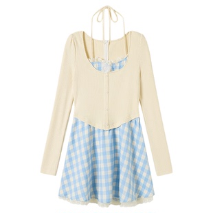 织物猪 茉莉花茶 韩系甜美假两件连衣裙女小个子格纹撞色a字短裙