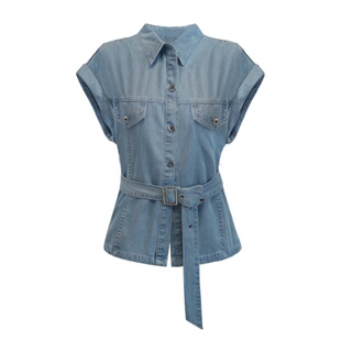 韩版polo领垫肩无袖水洗牛仔衬衫外套女春夏新款收腰洋气宽松马夹
