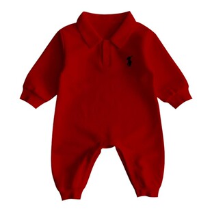 周岁男宝春秋衣服洋气婴儿POLO衫连体衣超萌满月宝宝春季喜庆爬服