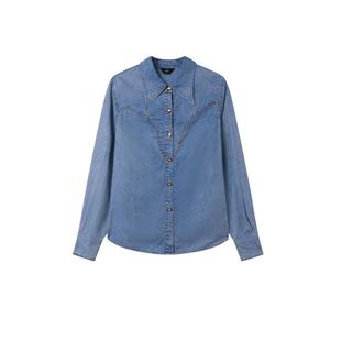 白鹿语小翻领波浪分割牛仔衬衣2025春季新款时尚撞钉装饰女式衬衫