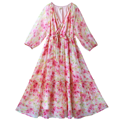 V领连衣裙女春季肌理感印花长裙