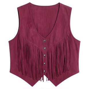 复古钉扣短款流苏无袖马甲Retro button-down short fringed vest