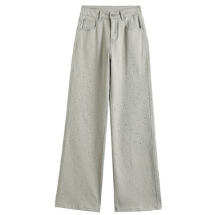 白色烫钻直筒裤女宽松阔腿休闲长裤子高腰设计闪亮带钻春秋季显瘦