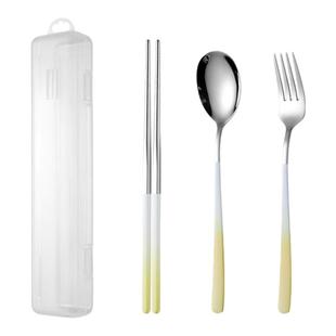 学生便捷餐具套装304不锈钢筷子渐变色叉勺筷三件套 食品级情侣筷