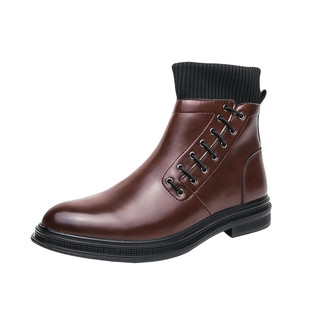 马丁靴男冬季高帮皮鞋男一脚蹬英伦风棕色短靴中帮皮靴切尔西靴子