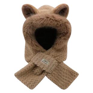 冬天狐狸耳朵帽子可爱加厚围巾帽子一体毛绒帽冬季保暖护耳毛线帽