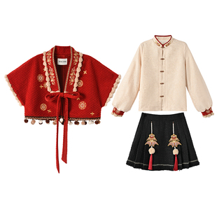 森女部落原创新中式国风红色加绒新年小金鱼套装拜年服冬新款女装