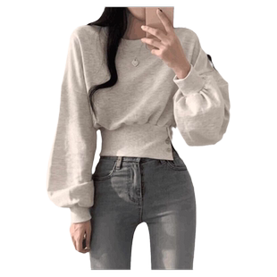 辣妹短款收腰下摆无帽卫衣女春秋薄款宽松百搭长袖设计感小众上衣