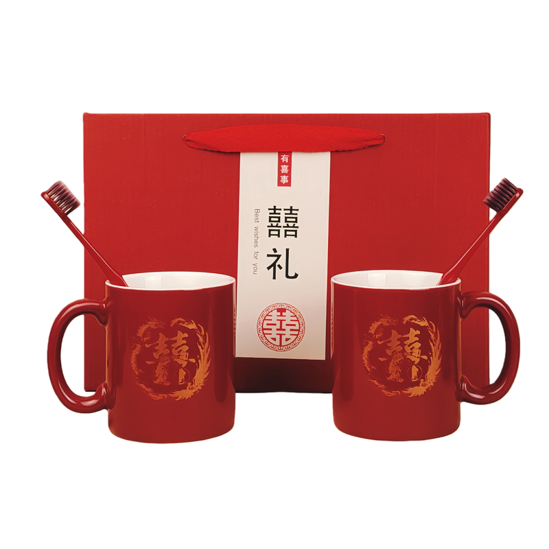 龙凤红双喜水杯结婚一对水杯情侣杯陶瓷红色洗漱套装喜庆家用礼品