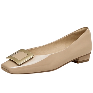 百田森牛漆皮红色皮鞋单鞋女新款绝美不累脚小跟鞋真皮平底鞋