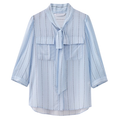 水云间知识分子风飘带衬衫女式七分袖衬衣真丝上衣小资质感2025夏