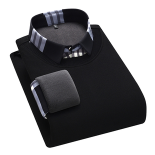 冬假两件保暖针织衫男加绒加厚衬衫大格子套头衬衣中青年商务毛衣