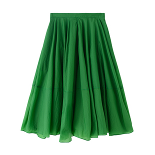LUNAFUNG冯下文·绿色褶皱高腰显瘦半身裙女长裙飘逸大摆百褶伞裙