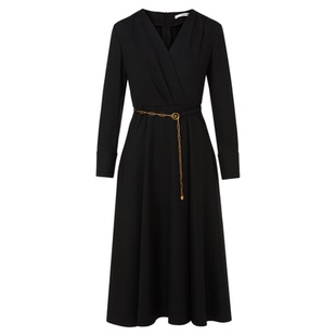 朗姿绵羊毛V领优雅干练长袖a字连衣裙气质高级感2026年春季新款女